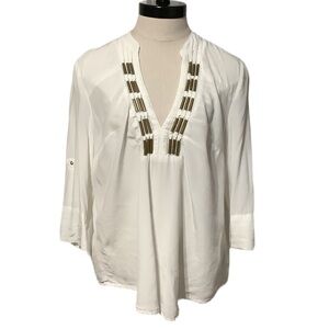 BEBE White V Neck Blouse with Metal Beading‎ - Size M